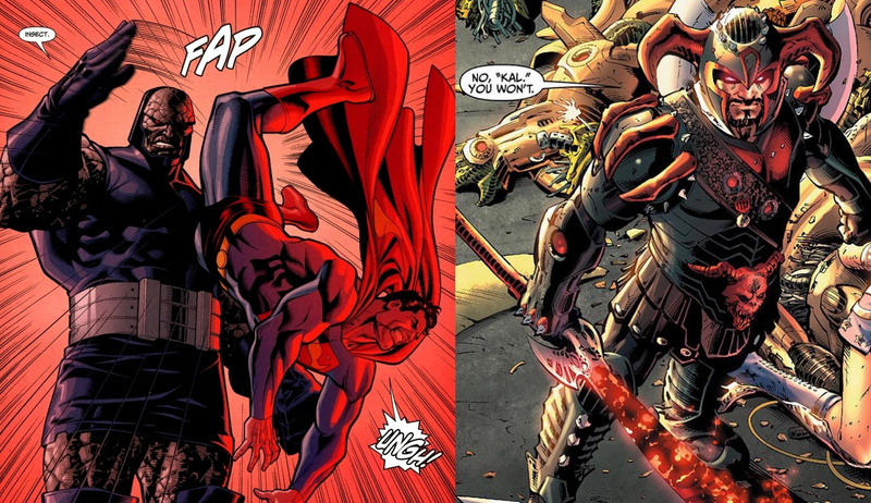 Left to right: Darkseid and Steppenwolf, both seen dunking on Superman.